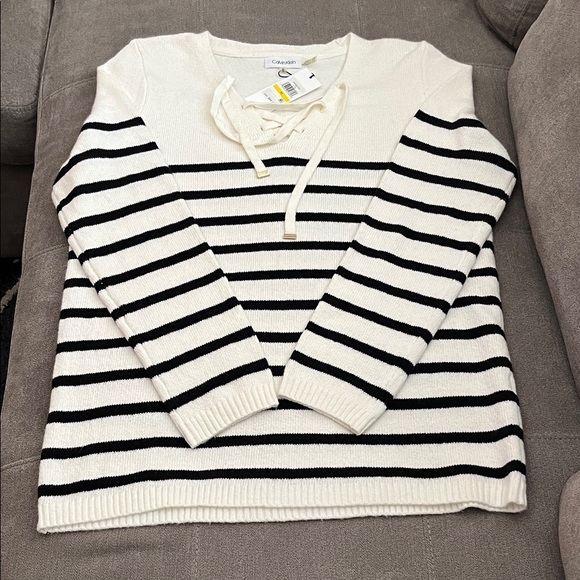 Calvin Klein Women's Black and White Striped Sweater - Picture 1 of 11